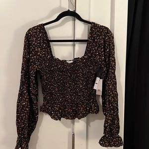 BP Floral Print Long Sleeve Blouse Black Dense Ditsy — Size L — Nordstrom